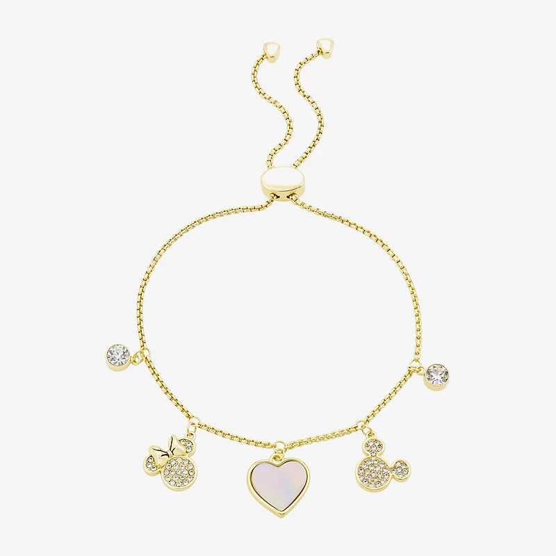 Disney Classics Womens Crystal 10K Gold Over Brass Heart Mickey Mouse Minnie Mouse Charm Bracelet