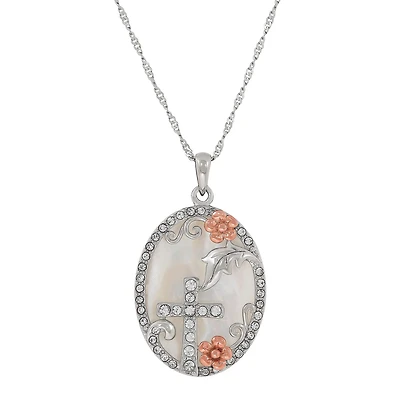 Womens Mother Of Pearl Sterling Silver Pendant Necklace with 14K Gold Over Silver Flowers