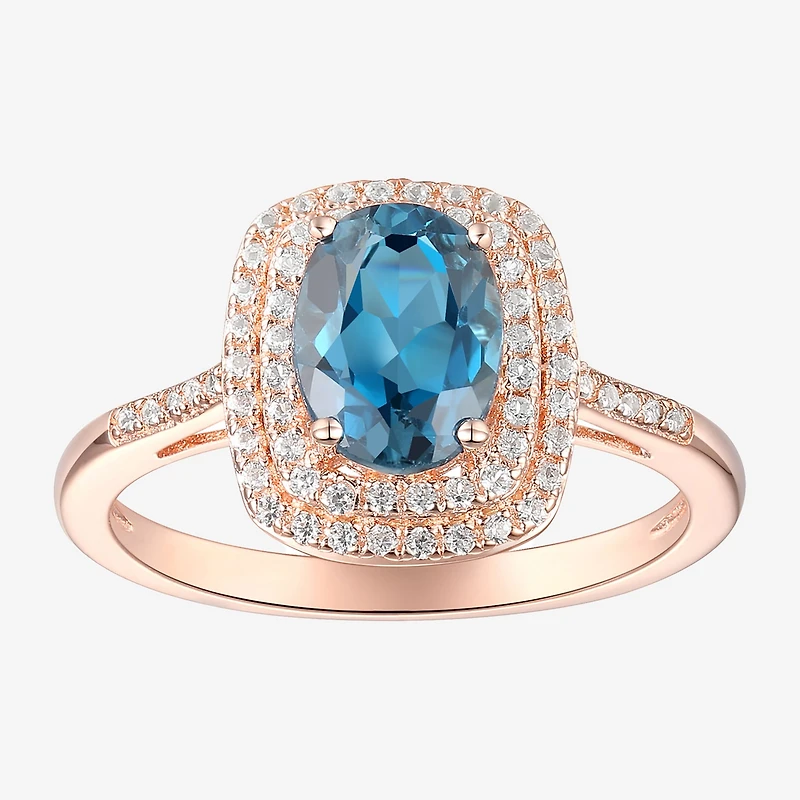 Womens Genuine Blue Topaz 14K Rose Gold Over Silver Halo Cocktail Ring
