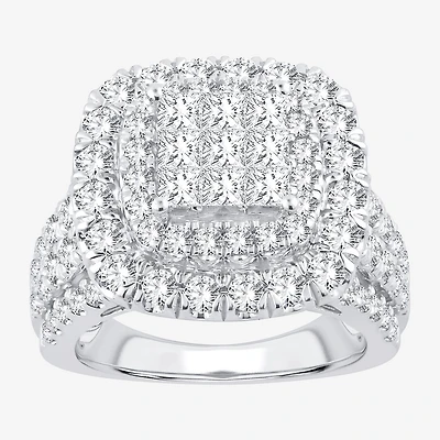 3 CT.T.W. Natural Diamond Cushion Shape Side Stone Halo Engagement Ring 10K or 14K White Gold