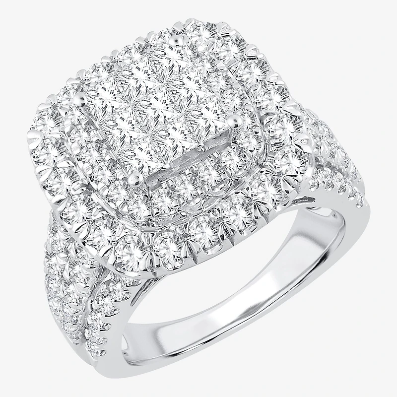3 CT.T.W. Natural Diamond Cushion Shape Side Stone Halo Engagement Ring 10K or 14K White Gold