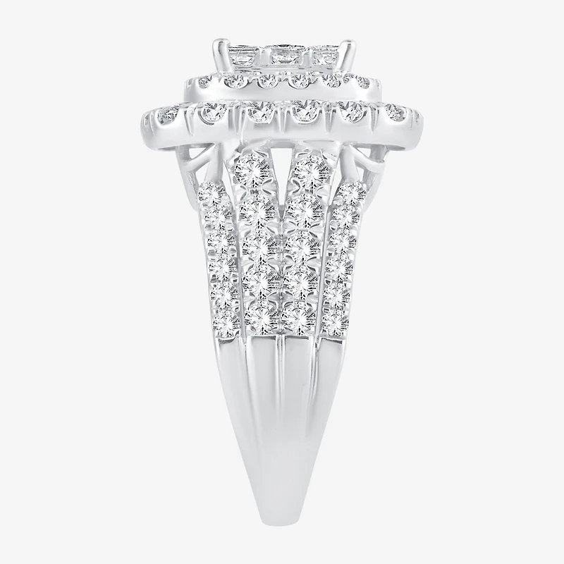 3 CT.T.W. Natural Diamond Cushion Shape Side Stone Halo Engagement Ring 10K or 14K White Gold