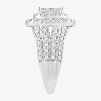 3 CT.T.W. Natural Diamond Cushion Shape Side Stone Halo Engagement Ring 10K or 14K White Gold