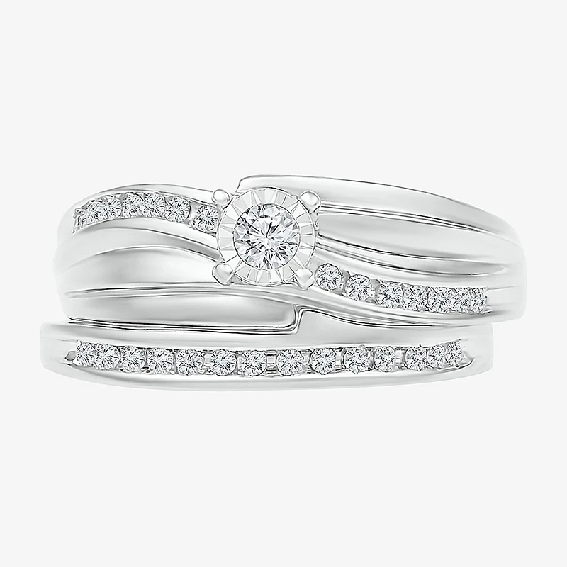Womens 1/5 CT. Natural White Diamond Sterling Silver Round Side Stone Bridal Set