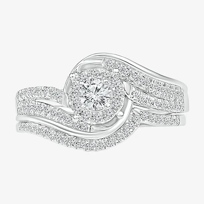 Womens 1/2 CT. T.W. Natural White Diamond Sterling Silver Round Halo Bypass Bridal Set