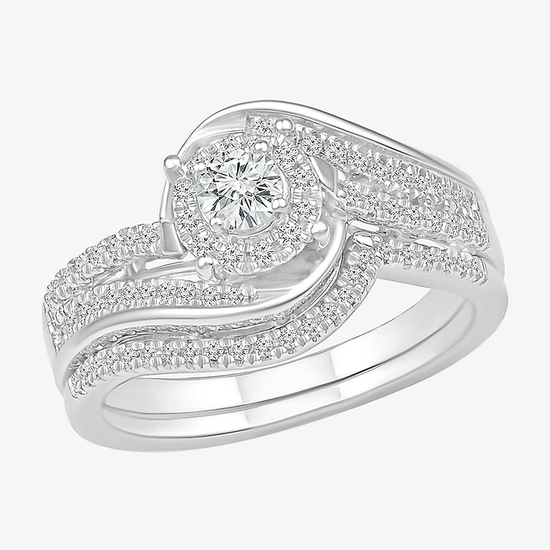 Womens 1/2 CT. T.W. Natural White Diamond Sterling Silver Round Halo Bypass Bridal Set