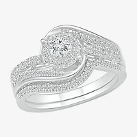 Womens 1/2 CT. T.W. Natural White Diamond Sterling Silver Round Halo Bypass  Bridal Set