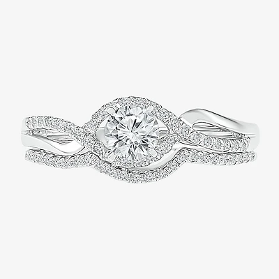 Womens 1/2 CT. T.W. Natural White Diamond 10K Gold Round Side Stone Crossover Bridal Set
