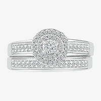 Womens 1/3 CT. T.W. Natural White Diamond Sterling Silver Round Side Stone Halo Bridal Set