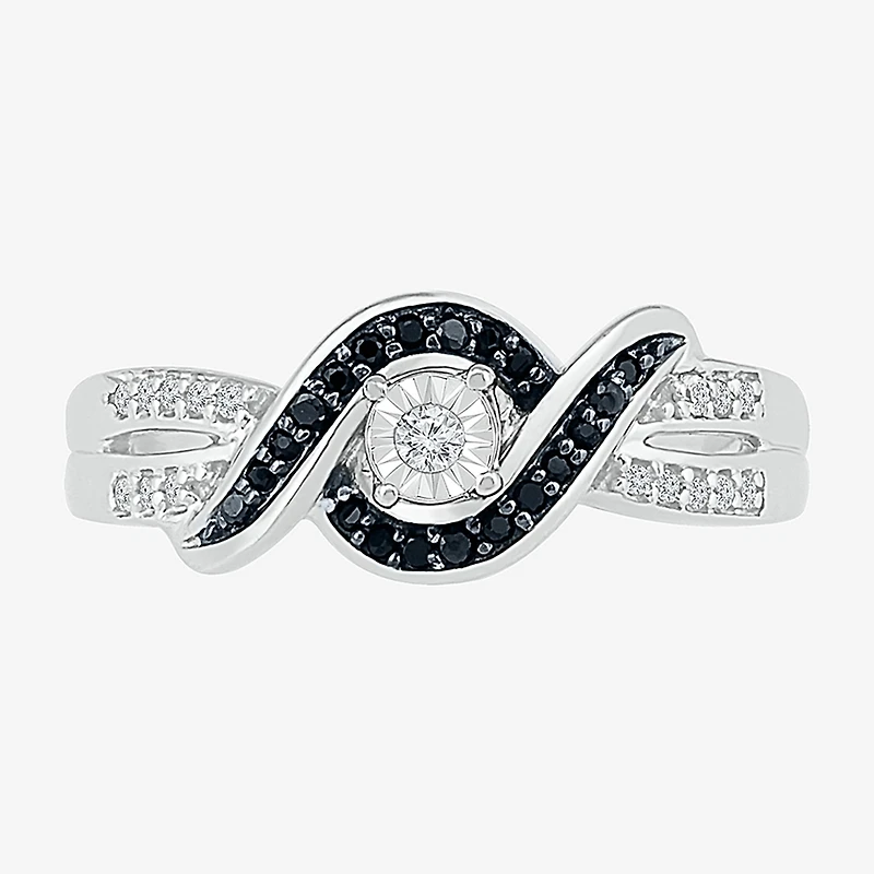 Womens 1/5 CT. Natural Black Diamond Sterling Silver Round Crossover Side Stone Promise Ring