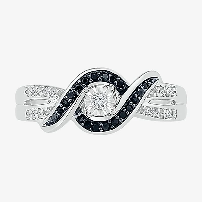 Womens 1/5 CT. Natural Black Diamond Sterling Silver Round Crossover Side Stone Promise Ring