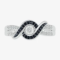 Womens 1/5 CT. Natural Black Diamond Sterling Silver Round Crossover Side Stone Promise Ring
