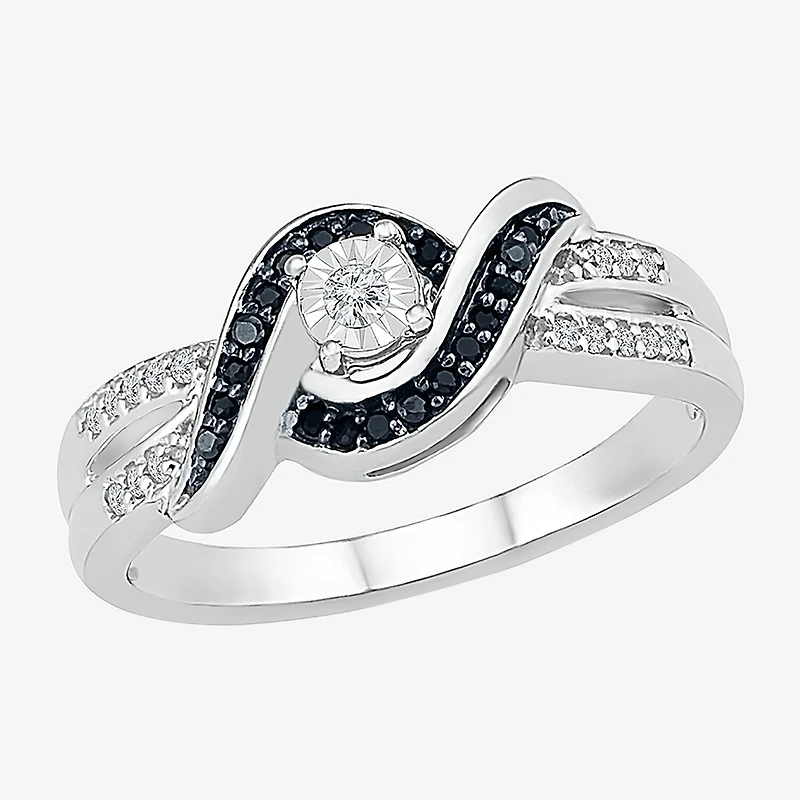 Womens 1/5 CT. Natural Black Diamond Sterling Silver Round Crossover Side Stone Promise Ring
