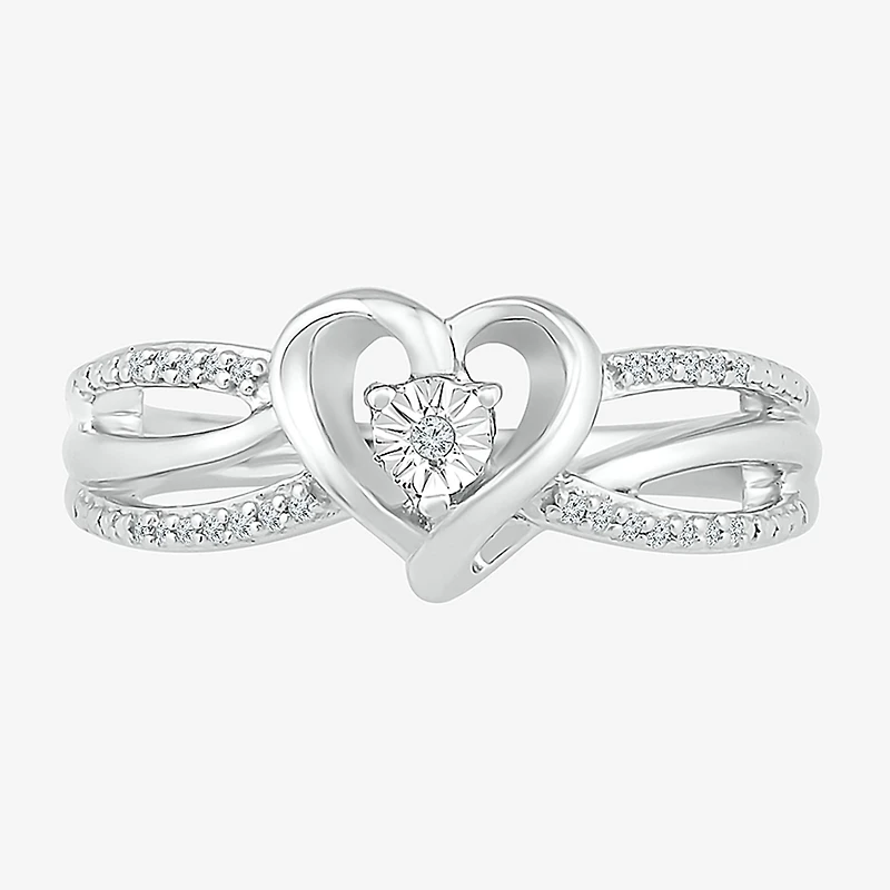 Promise My Love Womens Diamond Accent Natural White Sterling Silver Heart Side Stone Ring