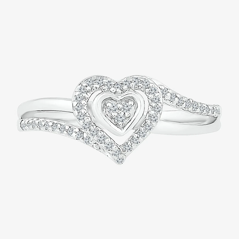 Promise My Love Womens 1/6 CT. T.W. Natural White Diamond Sterling Silver Heart Side Stone Halo Ring