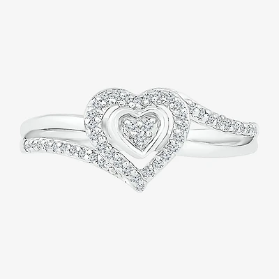 Promise My Love Womens 1/6 CT. T.W. Natural White Diamond Sterling Silver Heart Side Stone Halo Ring