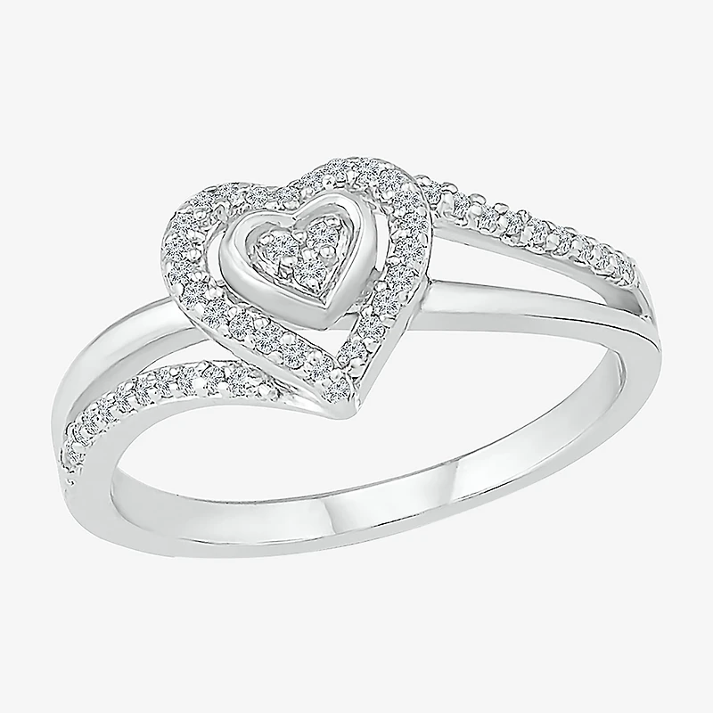 Promise My Love Womens 1/6 CT. T.W. Natural White Diamond Sterling Silver Heart Side Stone Halo Ring
