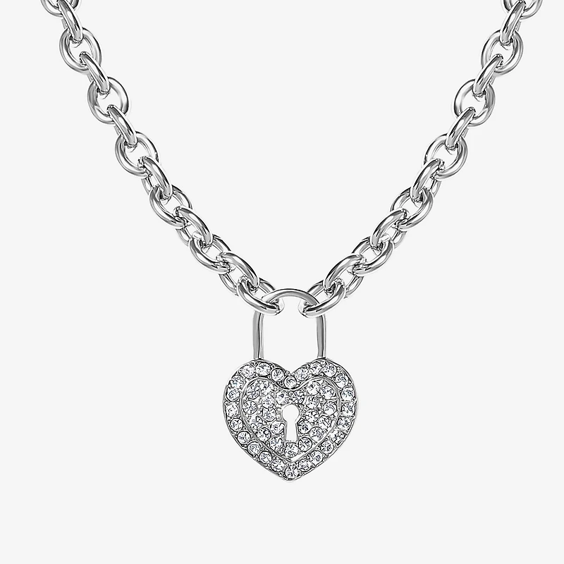 JS Jessica Simpson Silver Tone Womens Glass Alloy Heart 17 Inch Pendant Necklace
