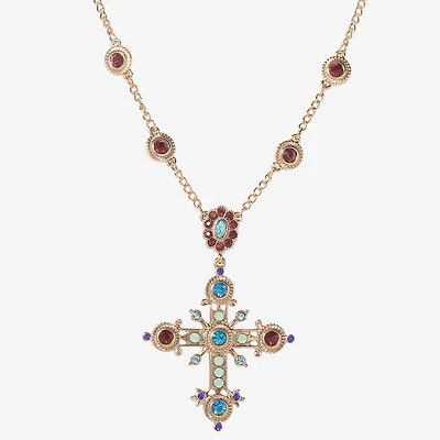 JS Jessica Simpson Gold Tone Womens Multi Color Crystal Alloy Cross 16 Inch Pendant Necklace