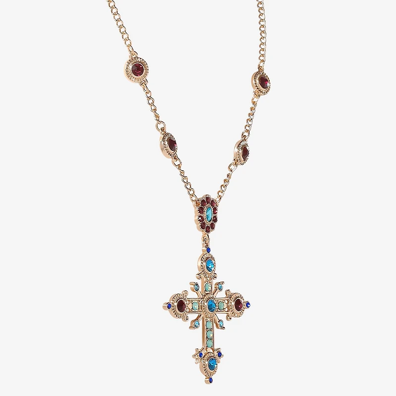 JS Jessica Simpson Gold Tone Womens Multi Color Crystal Alloy Cross 16 Inch Pendant Necklace
