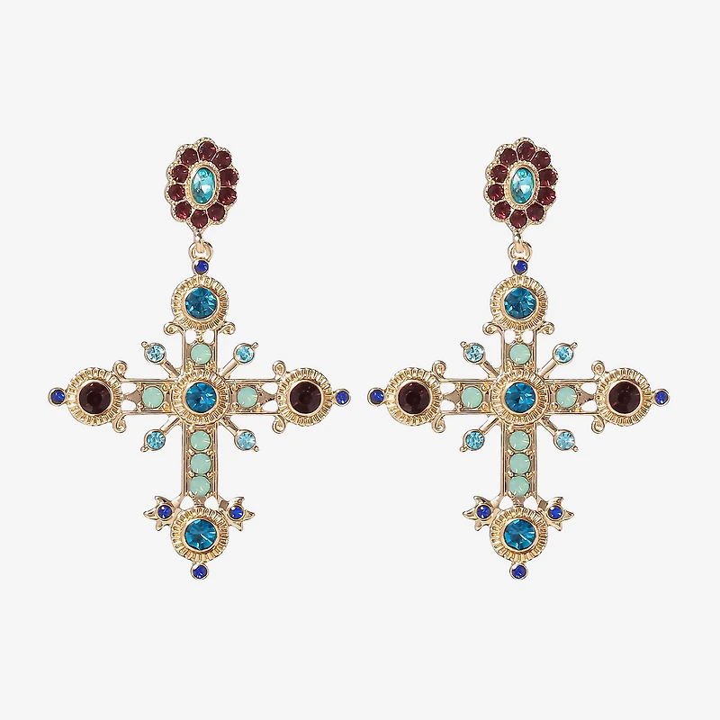 JS Jessica Simpson Gold Tone Womens Multi Color Glass Cross Drop Earrings