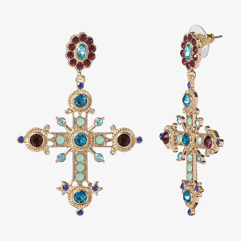 JS Jessica Simpson Gold Tone Womens Multi Color Glass Cross Drop Earrings
