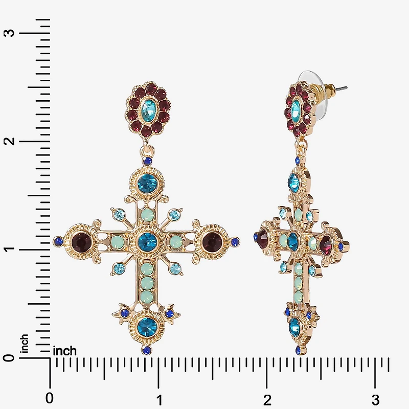 JS Jessica Simpson Gold Tone Womens Multi Color Glass Cross Drop Earrings