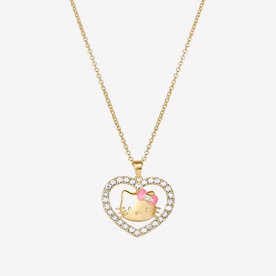 Hello Kitty Womens Crystal 18K Gold Over Brass Heart 18 Inch Pendant Necklace