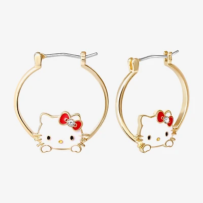 Womens Crystal 18K Gold Over Brass 25.4mm Bow Hello Kitty Hoop Earrings