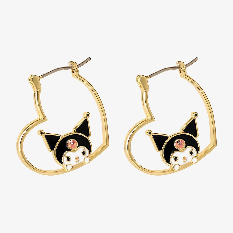 Womens Crystal 18K Gold Over Brass 26mm Heart Hello Kitty Kuromi Hoop Earrings