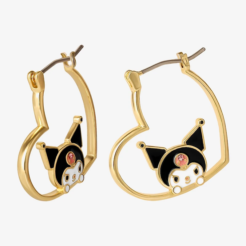 Womens Crystal 18K Gold Over Brass 26mm Heart Hello Kitty Kuromi Hoop Earrings