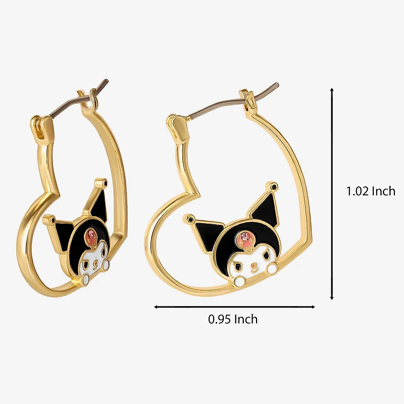 Womens Crystal 18K Gold Over Brass 26mm Heart Hello Kitty Kuromi Hoop Earrings
