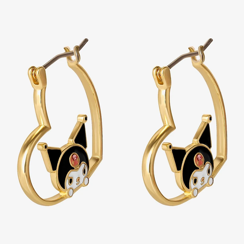 Womens Crystal 18K Gold Over Brass 26mm Heart Hello Kitty Kuromi Hoop Earrings