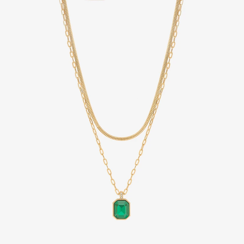 Bijoux Bar Delicates Gold Tone Womens Green Glass Stainless Steel 16 Inch Strand Necklace