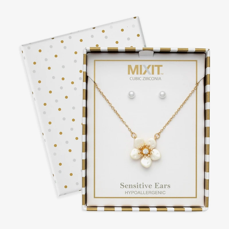 Mixit Womens Cubic Zirconia Simulated Pearl Flower Hypoallergenic 2-pc. Jewelry Set