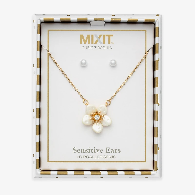 Mixit Womens Cubic Zirconia Simulated Pearl Flower Hypoallergenic 2-pc. Jewelry Set
