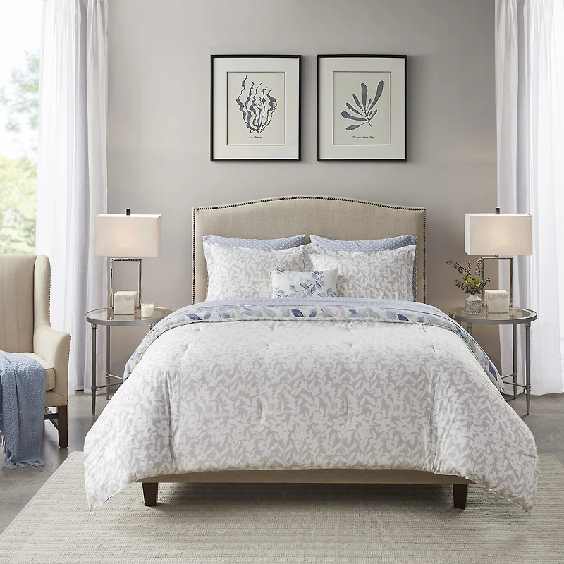 Madison Park Essentials Thelma Trees + Leaves Reversible Complete Bedding Set with Sheets