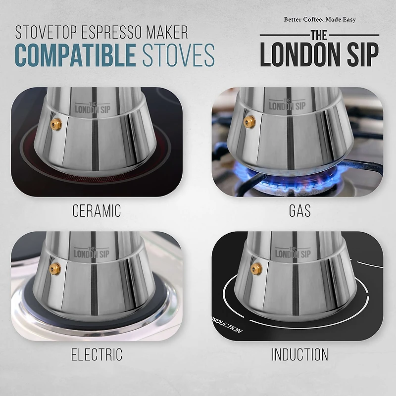 London Sip Stainless Steel Stovetop Espresso Silver 10-Cup Coffee Maker