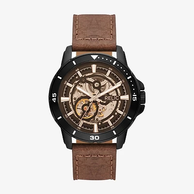 Relic By Fossil Mens Automatic Brown Leather Strap Watch Zr12663