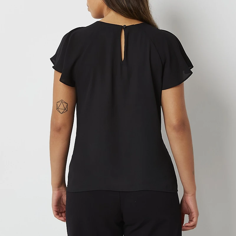 Worthington Womens Petite Round Neck Short Sleeve Blouse