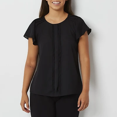 Worthington Womens Petite Round Neck Short Sleeve Blouse