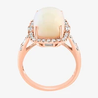 Effy Final Call Womens Genuine White Opal & 1/2 CT. T.W. Diamond 14K Rose Gold Cushion Halo Side Stone Cocktail Ring