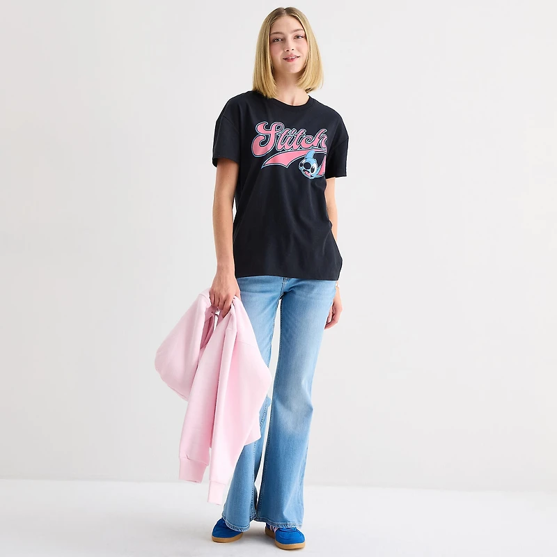 Womens Juniors Crew Neck Short Sleeve Regular Fit Lilo & Stitch Graphic T-Shirt
