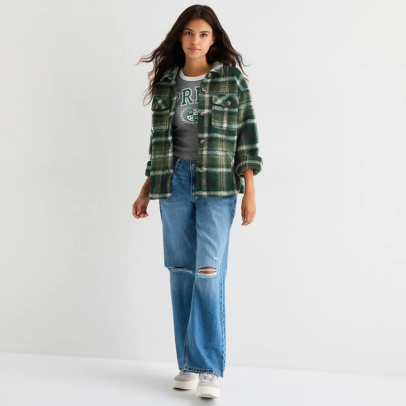 Arizona Shacket Womens Juniors Faux Fur Midweight Shirt Jacket