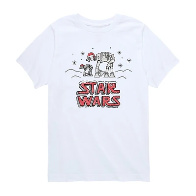 Winter Santa At-At Walker Christmas Little & Big Kid Boys Crew Neck Short Sleeve Regular Fit Star Wars Graphic T-Shirt