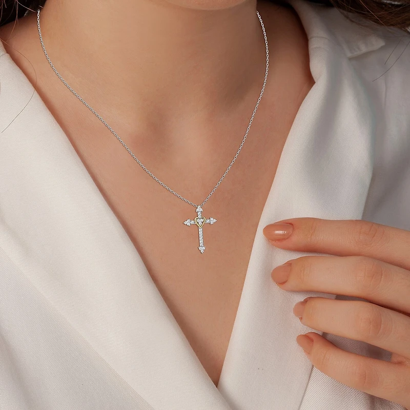 Yes, Please! (G, Si1-Si2) Womens 1/4 CT. T.W. Lab Grown White Diamond 14K Two Tone Gold Over Silver Cross 18 Inch Pendant Necklace