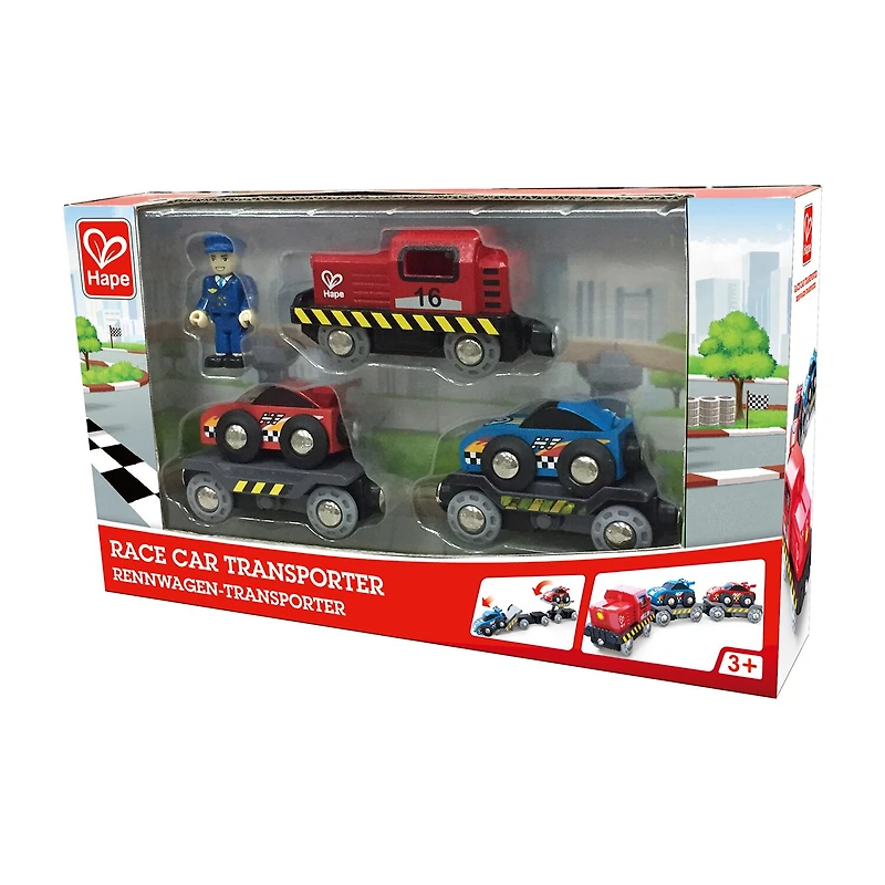 Hape Wooden Race Car Transporter Truck