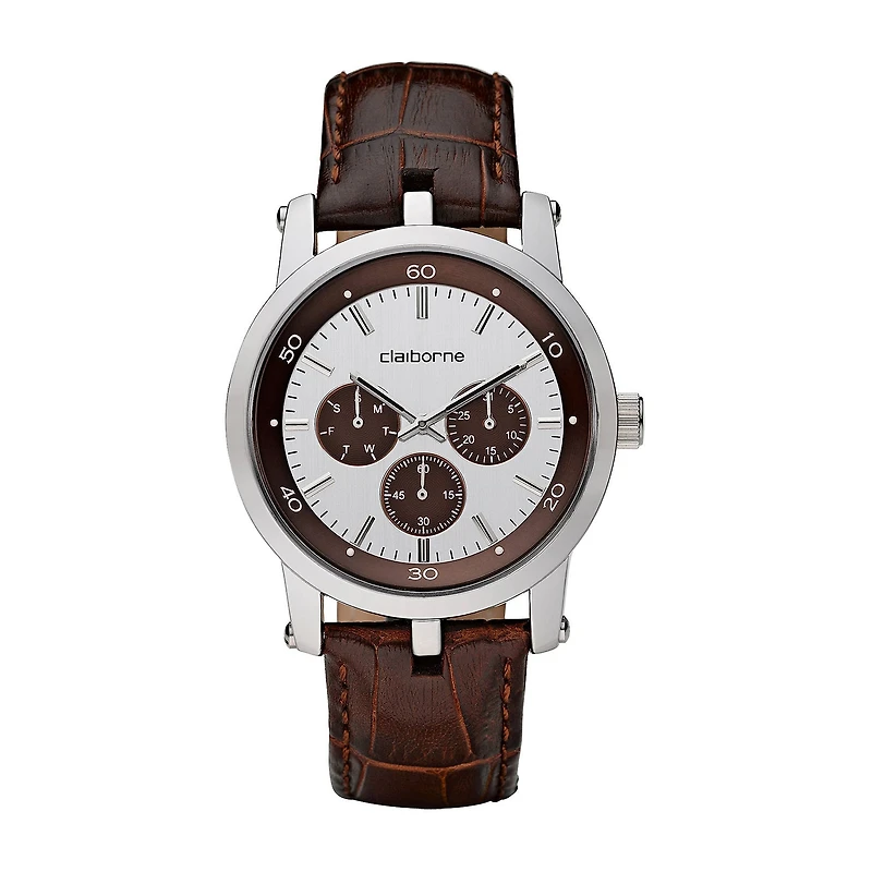 Claiborne Mens Brown Leather Strap Watch