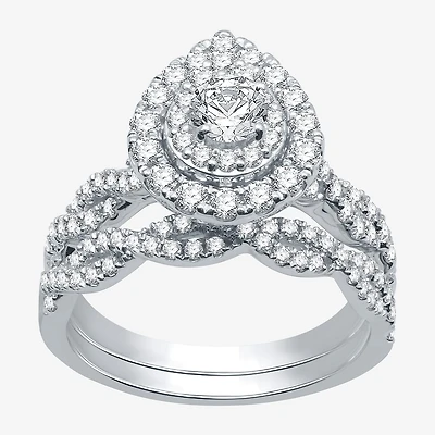 Signature By Modern Bride (G / Si1 - Si2) Womens 1 1/2 CT. T.W. Lab Grown White Diamond 10K Gold Side Stone Halo Bridal Set