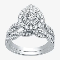 Signature By Modern Bride (G / Si1 - Si2) Womens 1 1/2 CT. T.W. Lab Grown White Diamond 10K Gold Side Stone Halo Bridal Set